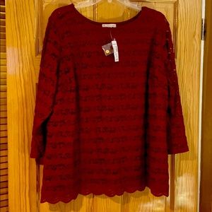 Red lace blouse 3/4 sleeve w buttons on back-3X